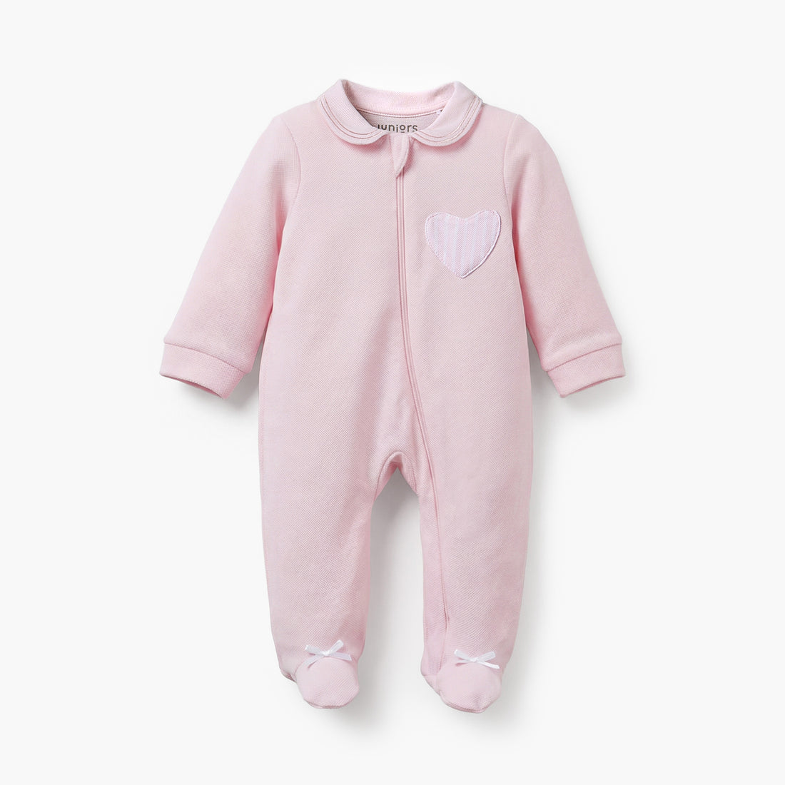 Juniors Cotton Peter Pan Collar Long Sleeves Sleepsuit with Heart Applique - Pink / 9-12 mths