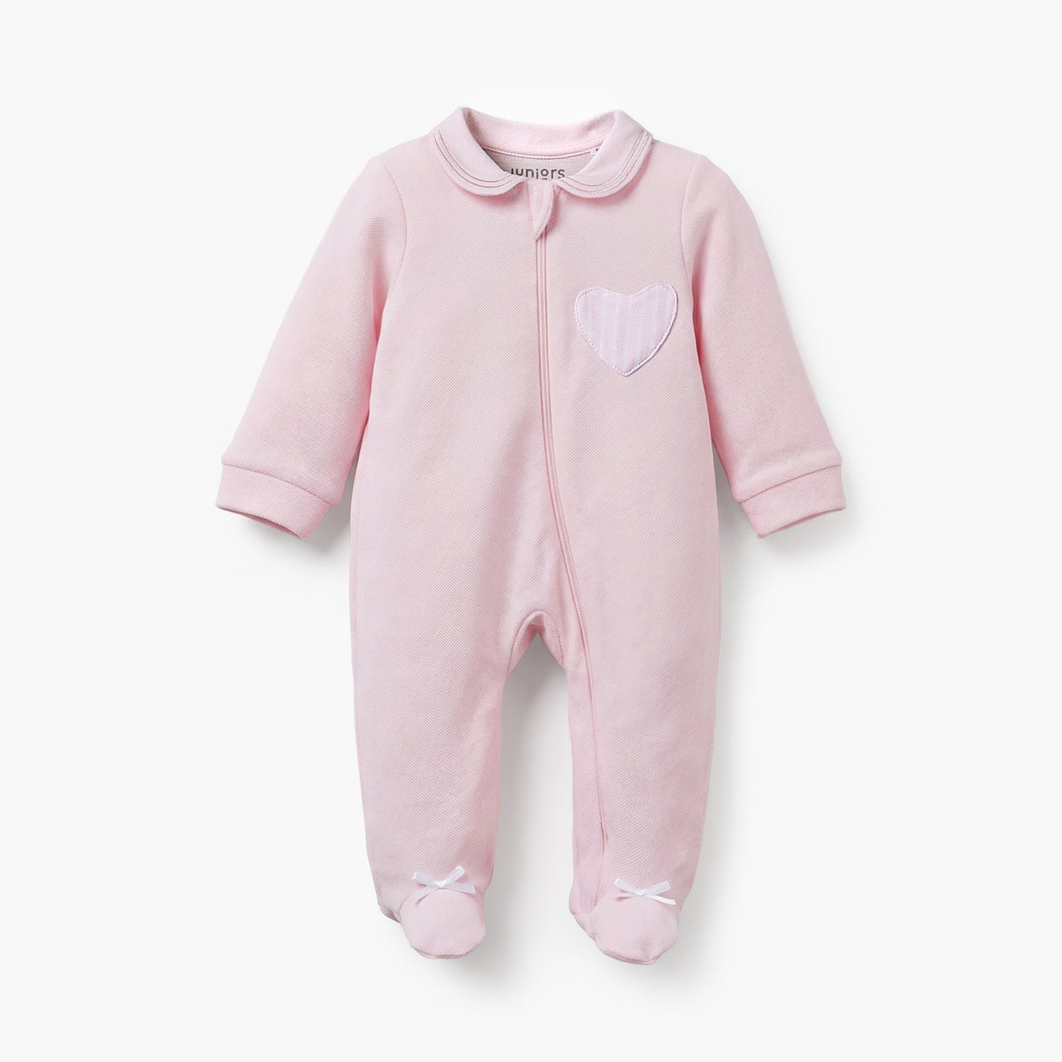 Juniors Cotton Peter Pan Collar Long Sleeves Sleepsuit with Heart Applique - Pink / 9-12 mths
