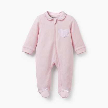 Juniors Cotton Peter Pan Collar Long Sleeves Sleepsuit with Heart Applique - Pink / 9-12 mths