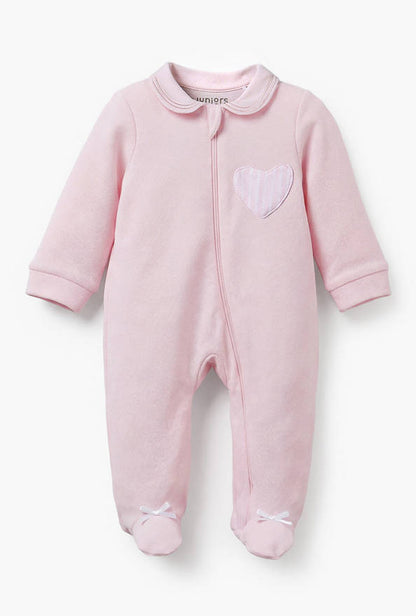 Juniors Cotton Peter Pan Collar Long Sleeves Sleepsuit with Heart Applique