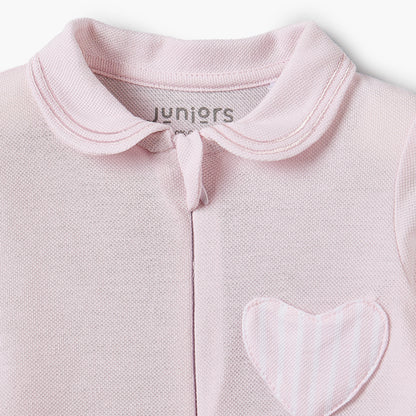 Juniors Cotton Peter Pan Collar Long Sleeves Sleepsuit with Heart Applique