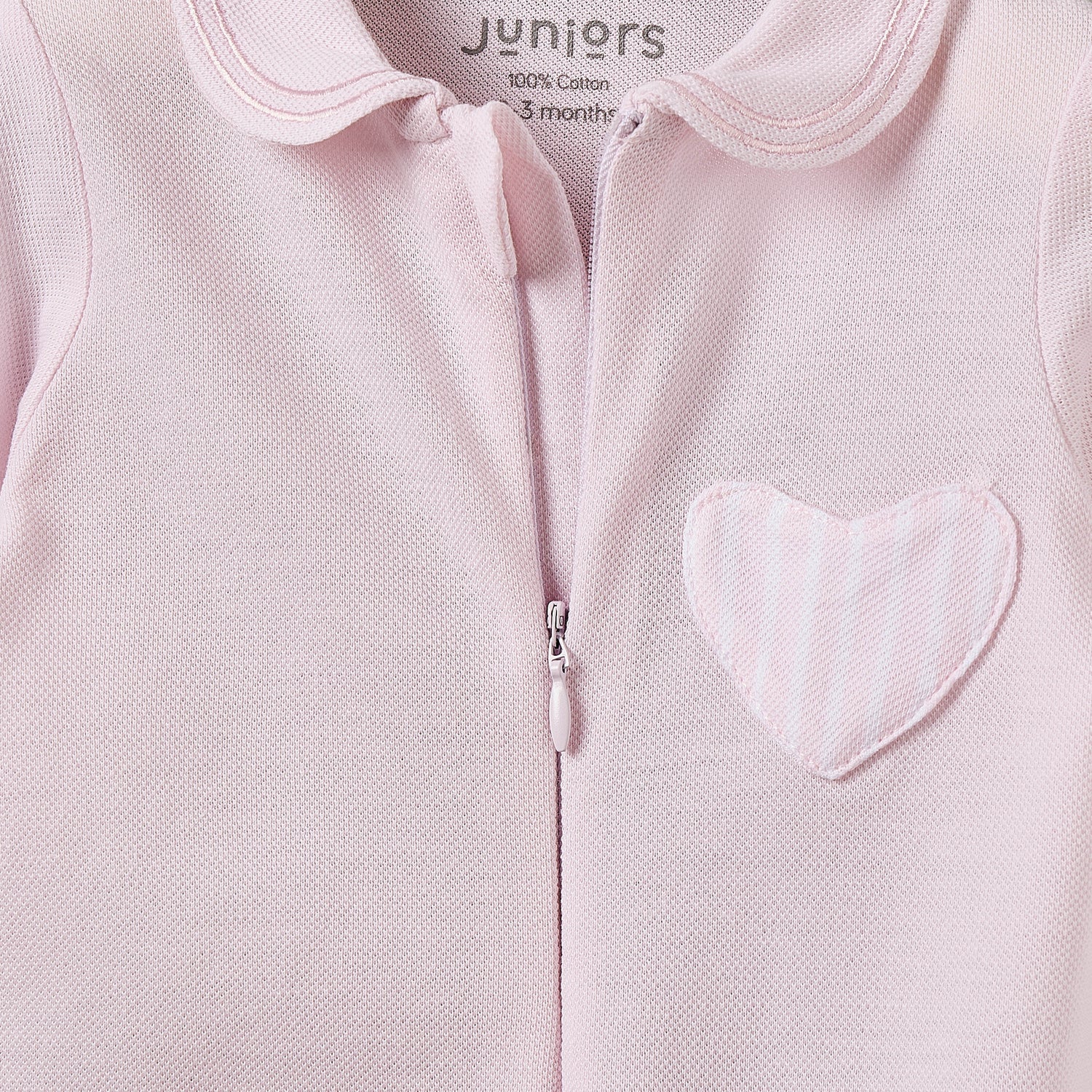 Juniors Cotton Peter Pan Collar Long Sleeves Sleepsuit with Heart Applique