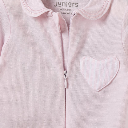 Juniors Cotton Peter Pan Collar Long Sleeves Sleepsuit with Heart Applique