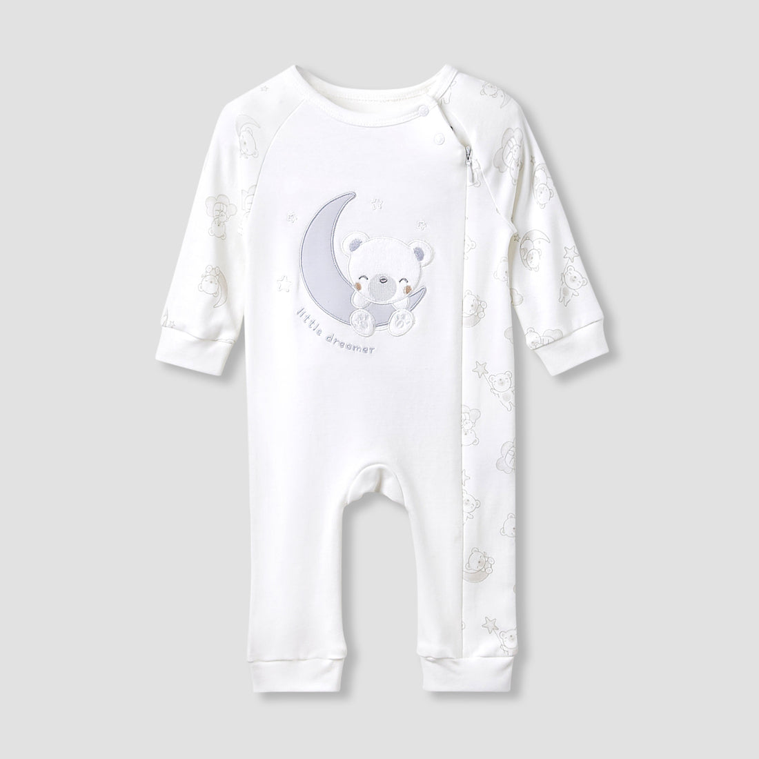 Giggles Round Neck Sleepsuit with Bear Applique - Cotton - Long Sleeves - Grey / 9-12 mths
