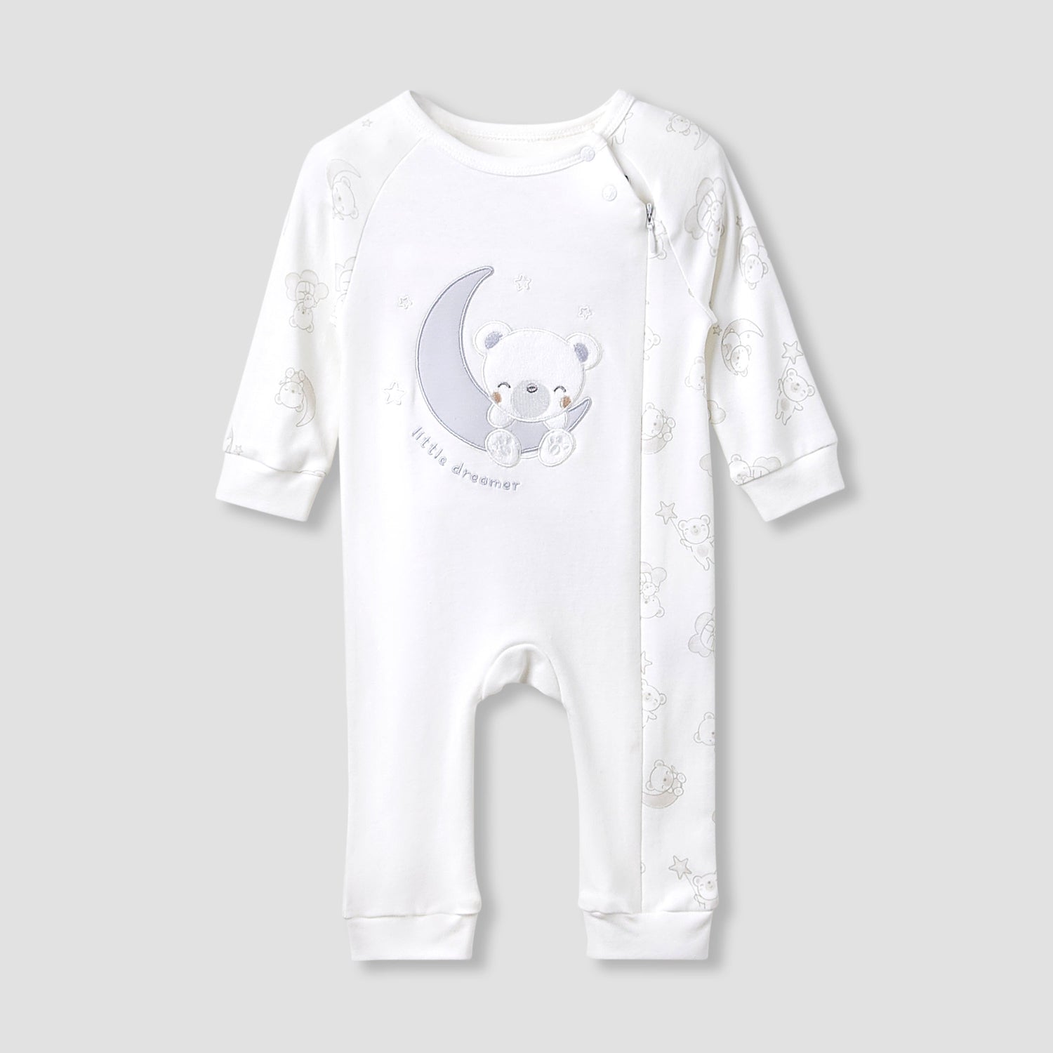Giggles Round Neck Sleepsuit with Bear Applique - Cotton - Long Sleeves - Grey / 9-12 mths