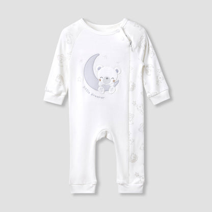 Giggles Round Neck Sleepsuit with Bear Applique - Cotton - Long Sleeves - Grey / 9-12 mths