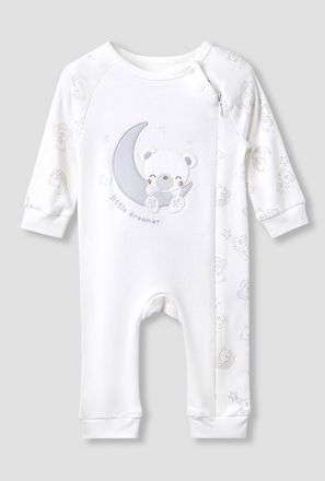 Giggles Round Neck Sleepsuit with Bear Applique - Cotton - Long Sleeves