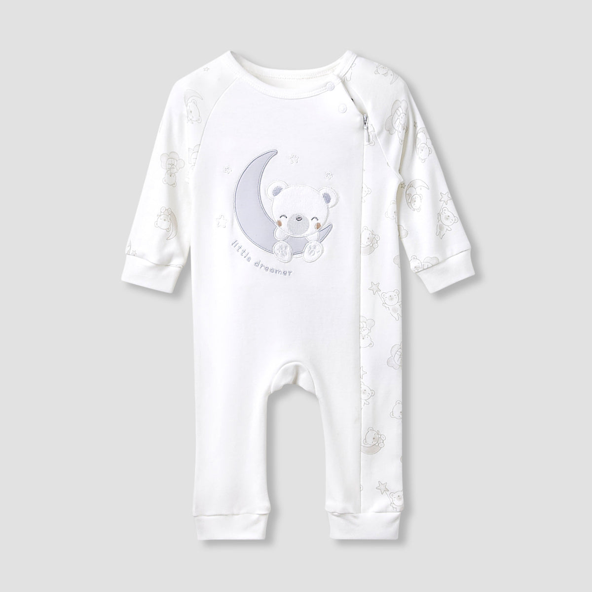Giggles Round Neck Sleepsuit with Bear Applique - Cotton - Long Sleeves