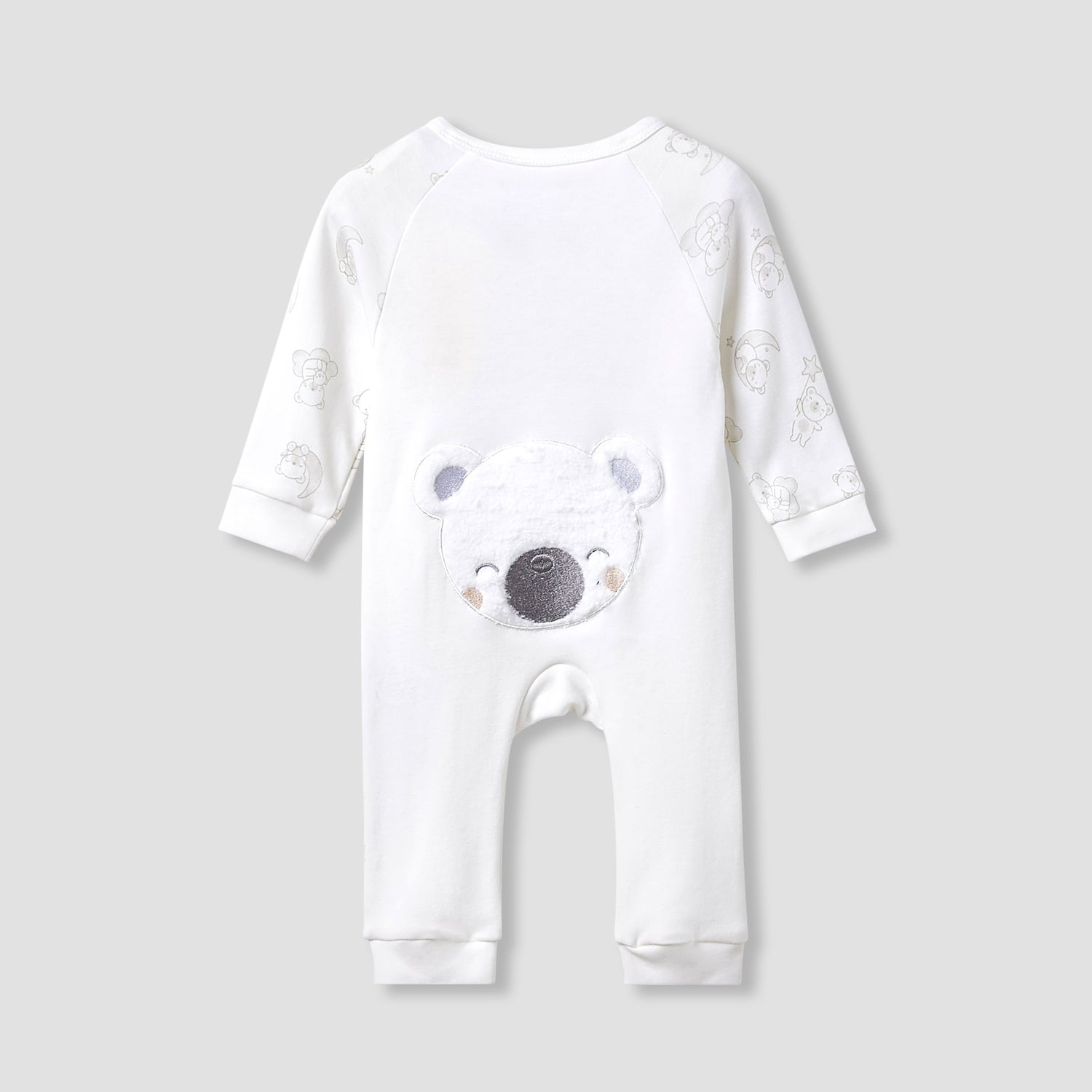 Giggles Round Neck Sleepsuit with Bear Applique - Cotton - Long Sleeves