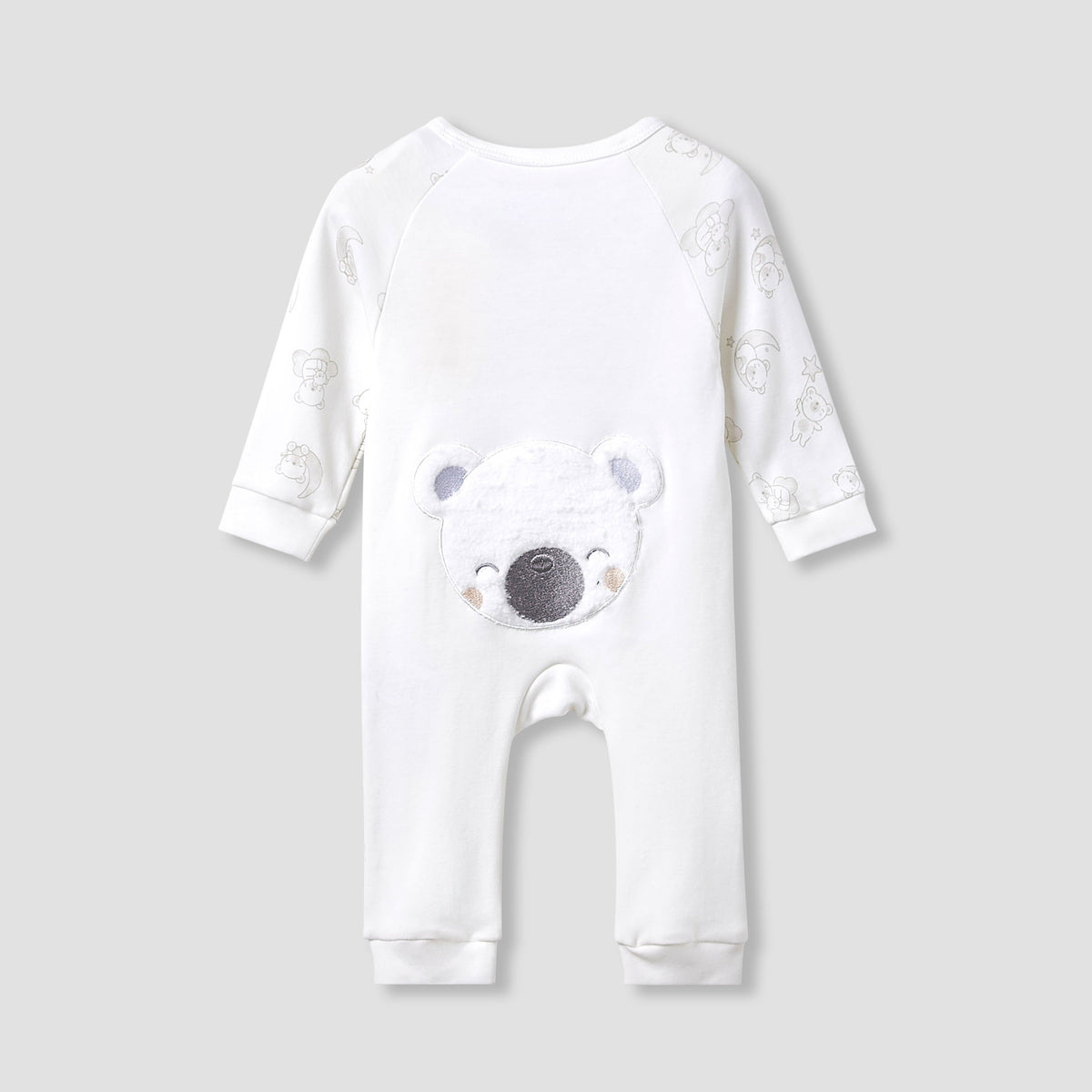 Giggles Round Neck Sleepsuit with Bear Applique - Cotton - Long Sleeves