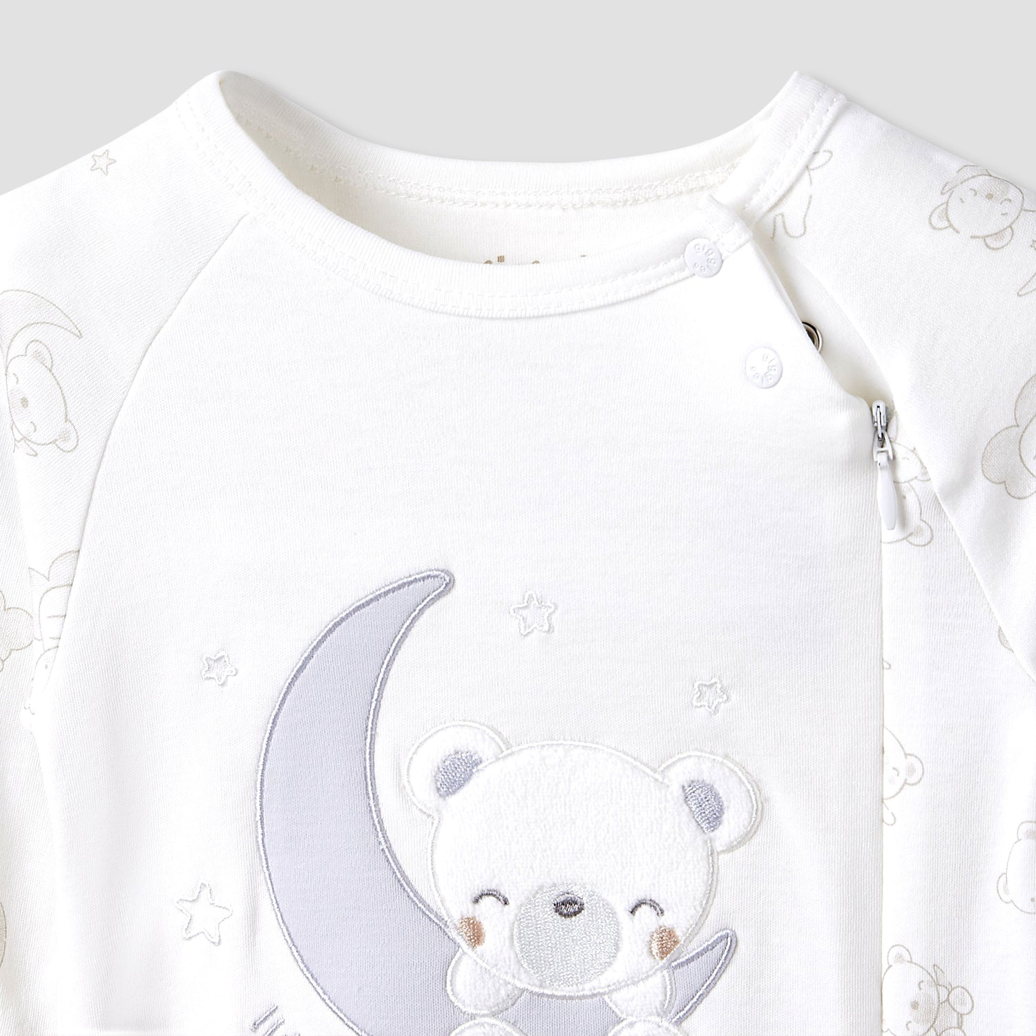 Giggles Round Neck Sleepsuit with Bear Applique - Cotton - Long Sleeves