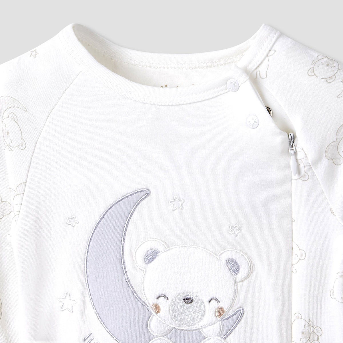 Giggles Round Neck Sleepsuit with Bear Applique - Cotton - Long Sleeves