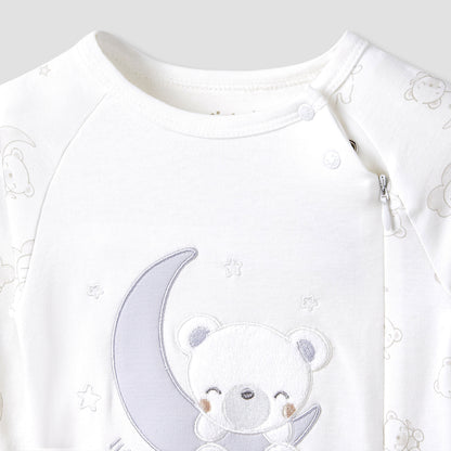 Giggles Round Neck Sleepsuit with Bear Applique - Cotton - Long Sleeves