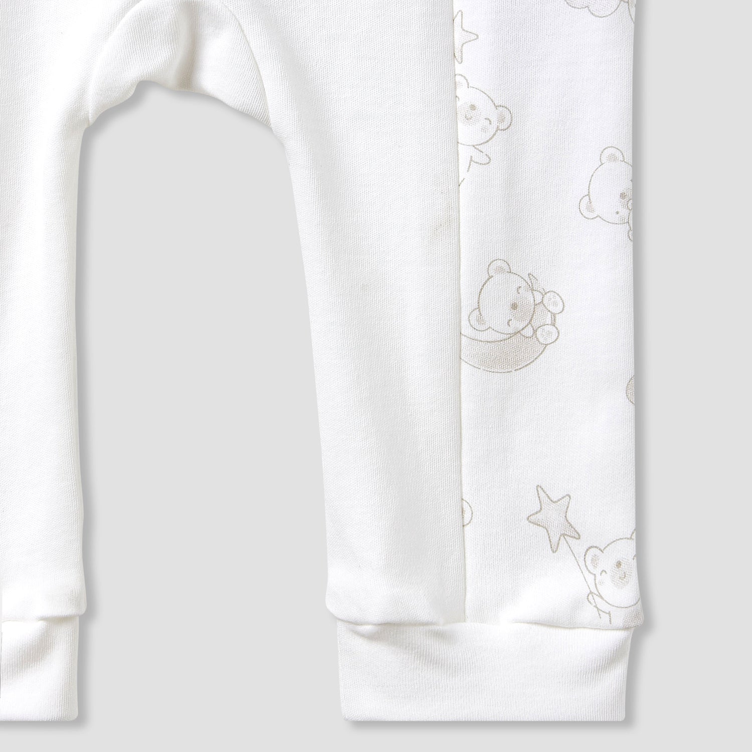 Giggles Round Neck Sleepsuit with Bear Applique - Cotton - Long Sleeves