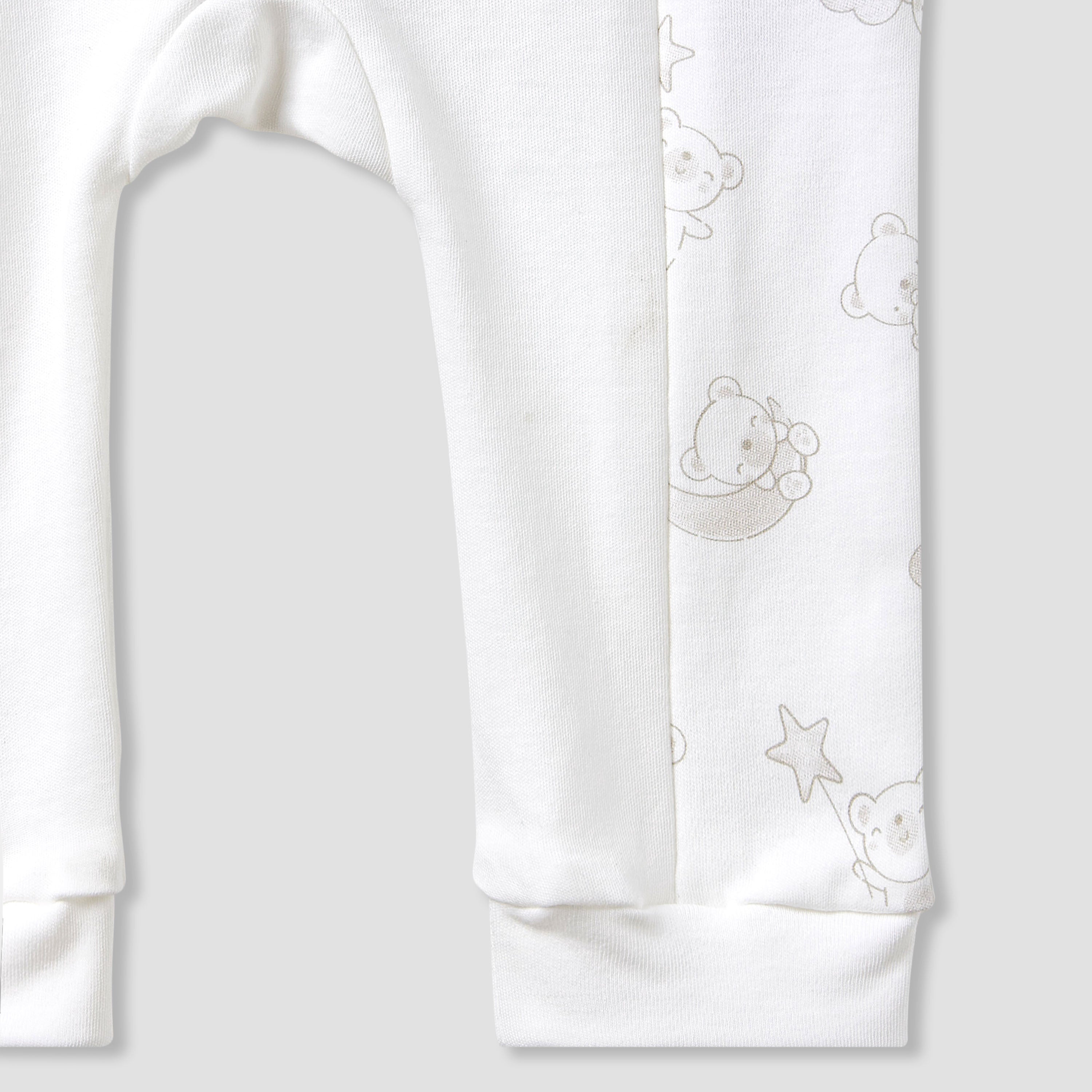 Giggles Round Neck Sleepsuit with Bear Applique - Cotton - Long Sleeves