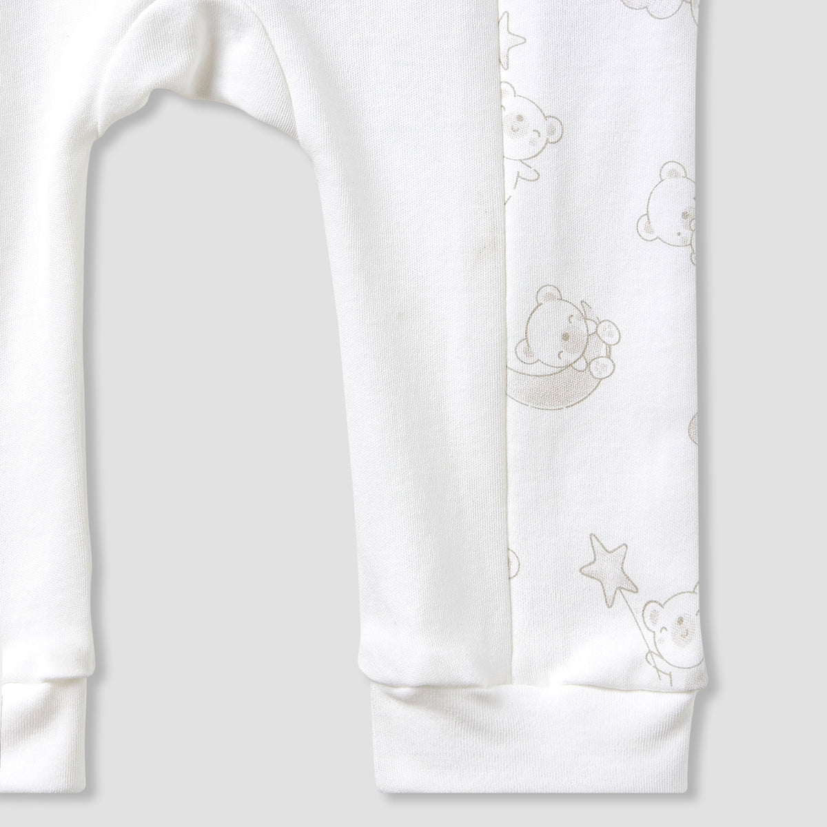 Giggles Round Neck Sleepsuit with Bear Applique - Cotton - Long Sleeves