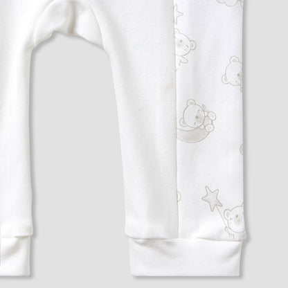 Giggles Round Neck Sleepsuit with Bear Applique - Cotton - Long Sleeves