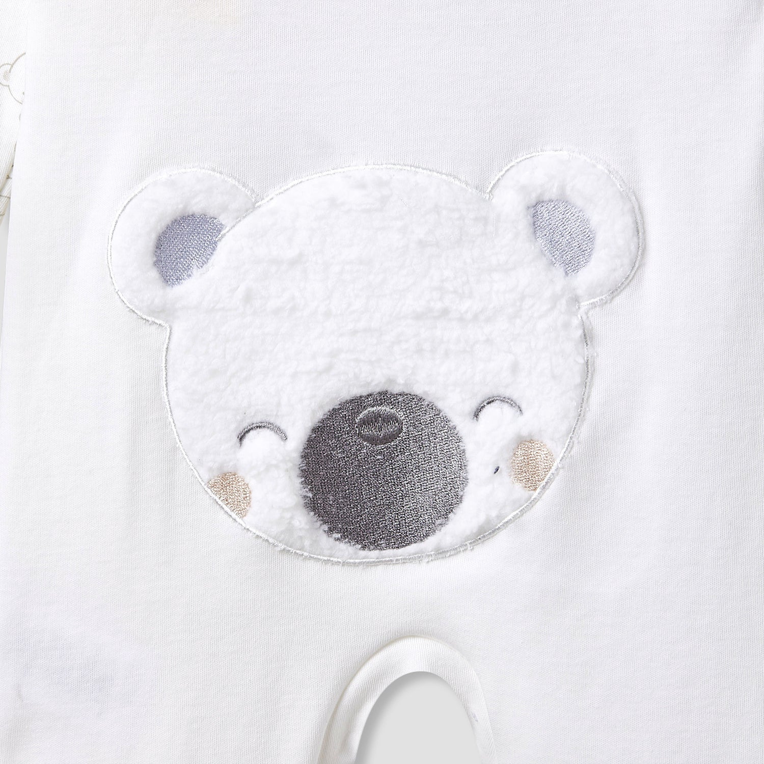 Giggles Round Neck Sleepsuit with Bear Applique - Cotton - Long Sleeves