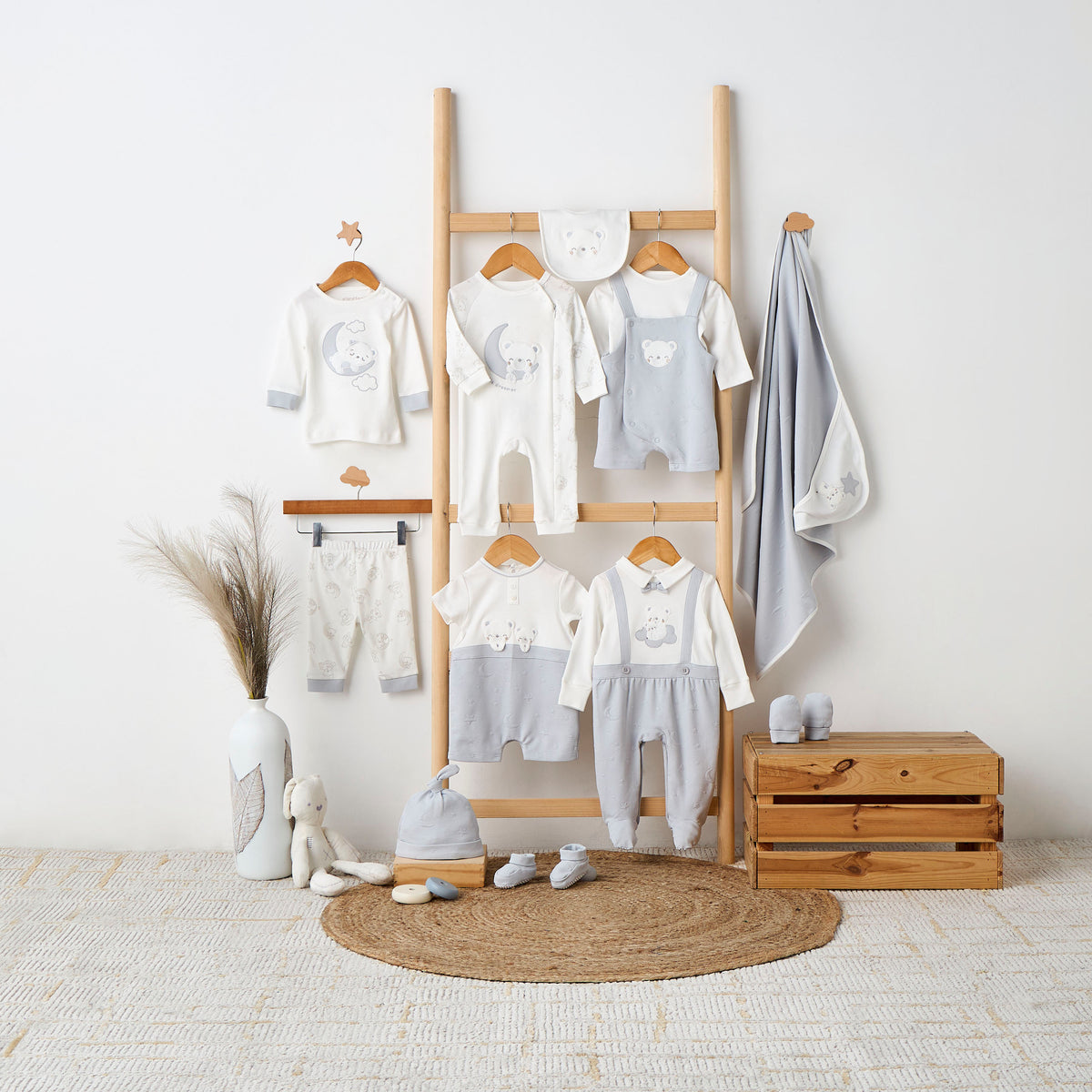 Giggles Round Neck Sleepsuit with Bear Applique - Cotton - Long Sleeves