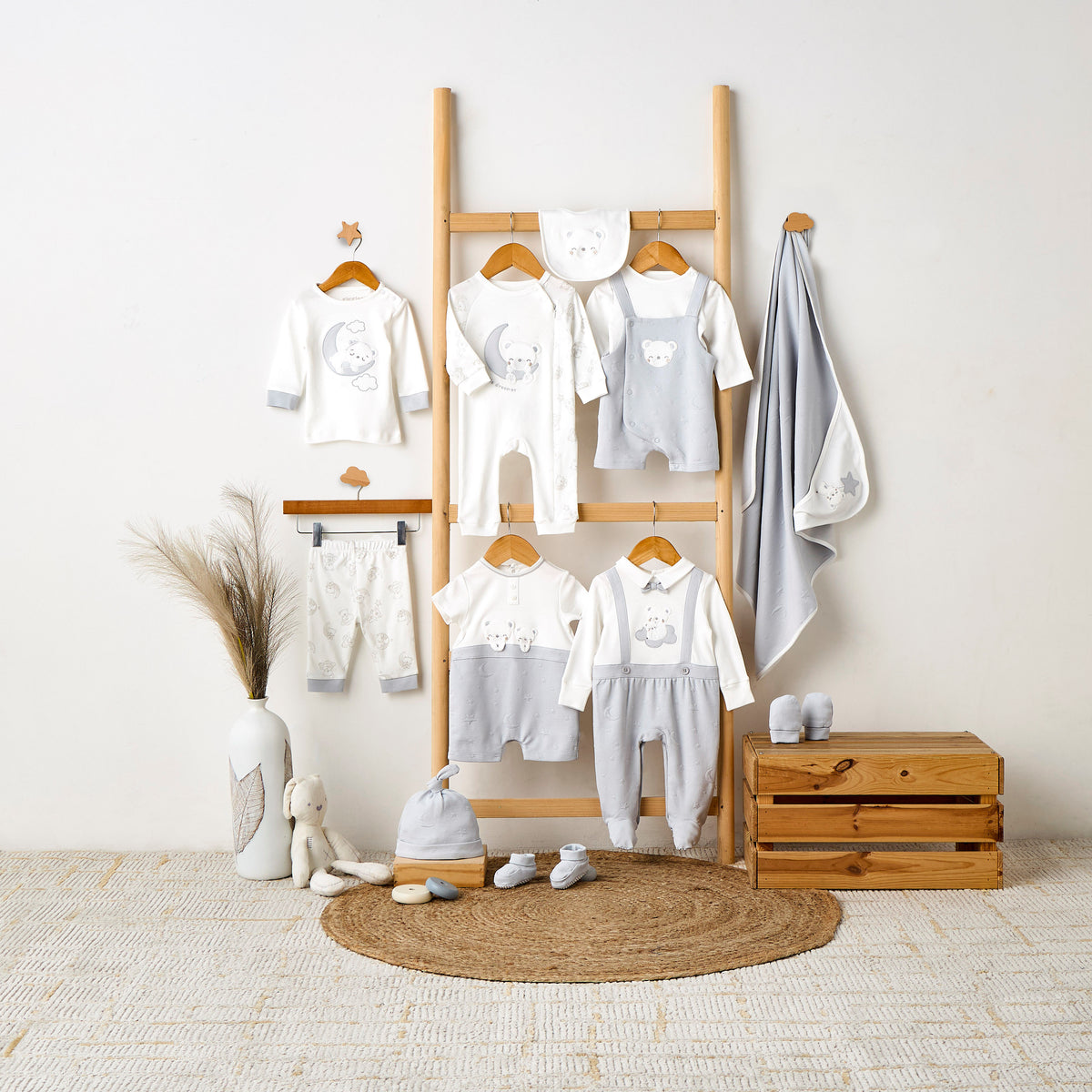 Giggles Round Neck Sleepsuit with Bear Applique - Cotton - Long Sleeves