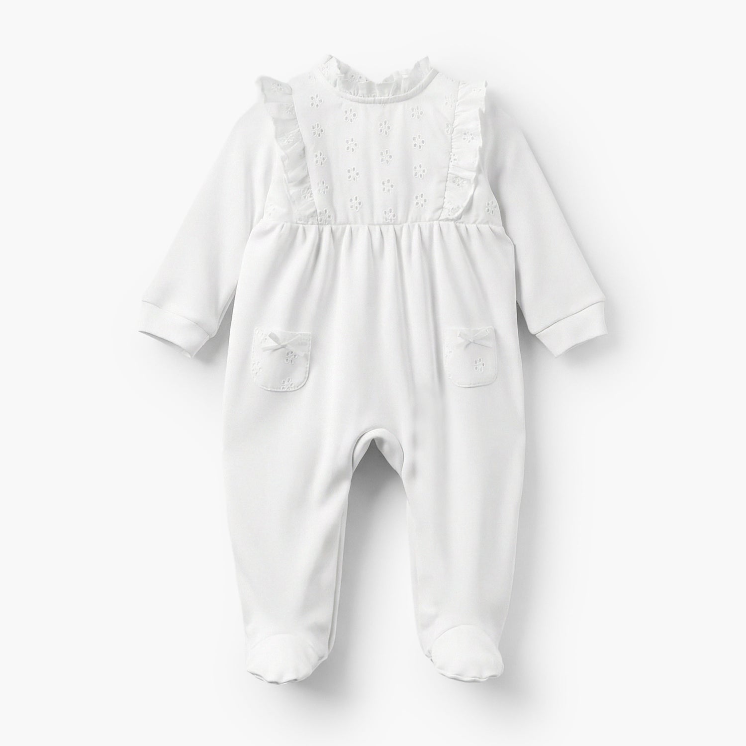Juniors Cotton Ruffle Neck Long Sleeves Sleepsuit with Schiffli Embroidery - White / 9-12 mths