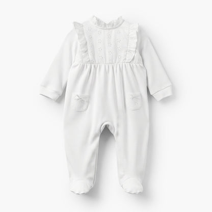 Juniors Cotton Ruffle Neck Long Sleeves Sleepsuit with Schiffli Embroidery - White / 9-12 mths