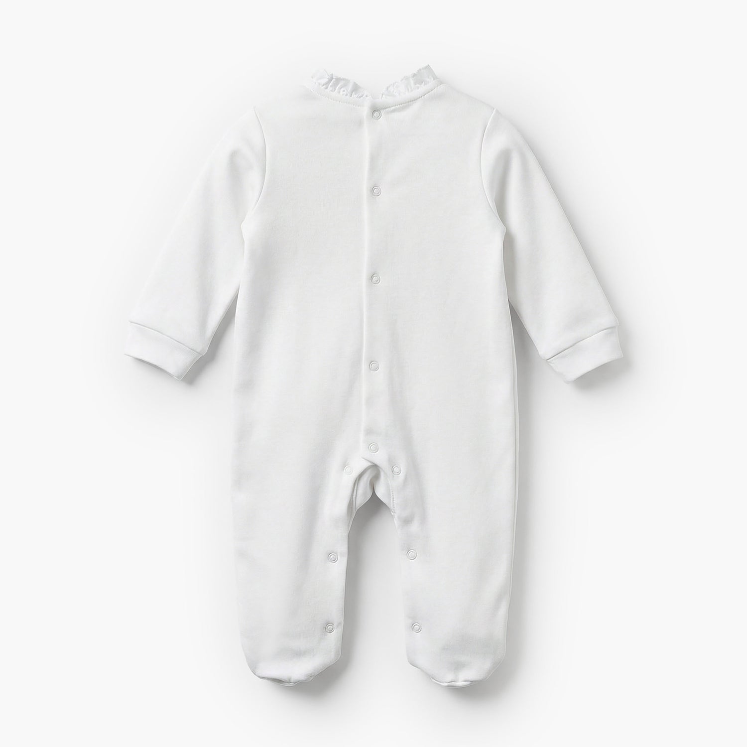 Juniors Cotton Ruffle Neck Long Sleeves Sleepsuit with Schiffli Embroidery