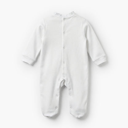 Juniors Cotton Ruffle Neck Long Sleeves Sleepsuit with Schiffli Embroidery