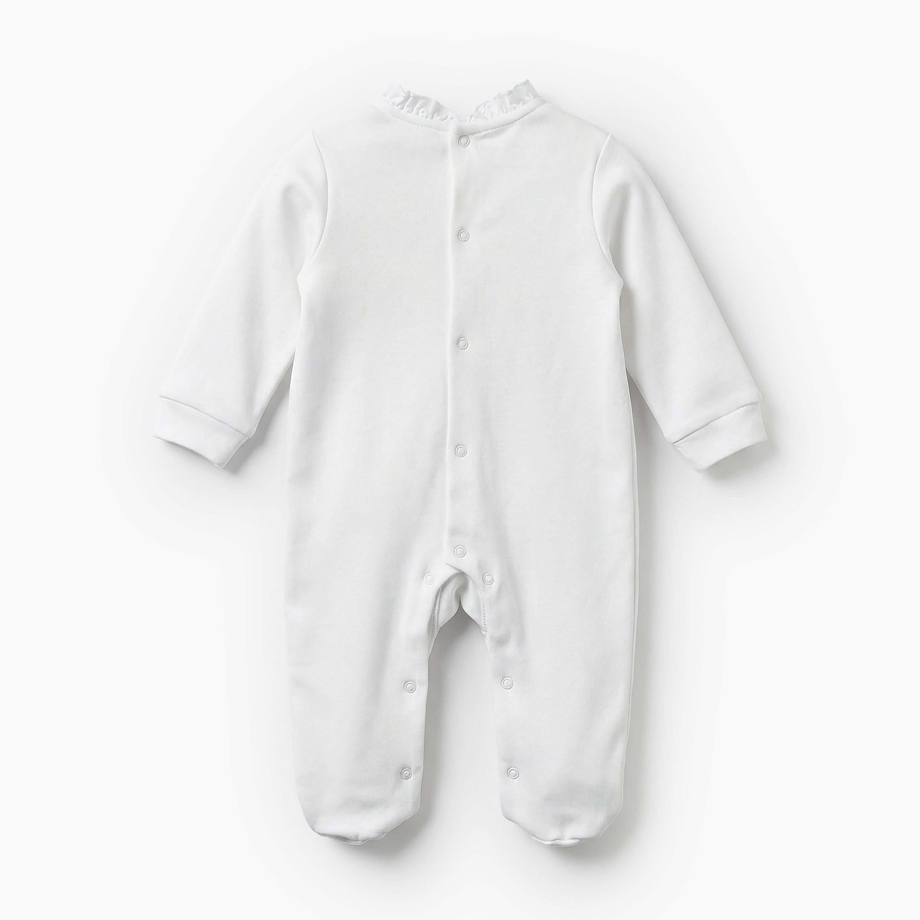 Juniors Cotton Ruffle Neck Long Sleeves Sleepsuit with Schiffli Embroidery
