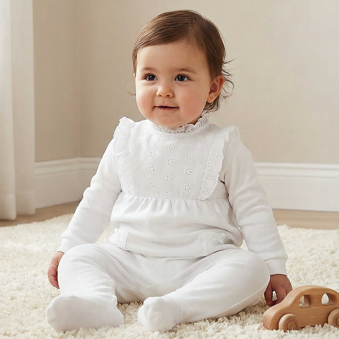 Juniors Cotton Ruffle Neck Long Sleeves Sleepsuit with Schiffli Embroidery - White / 9-12 mths