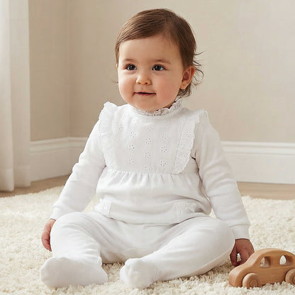 Juniors Cotton Ruffle Neck Long Sleeves Sleepsuit with Schiffli Embroidery - White / 9-12 mths