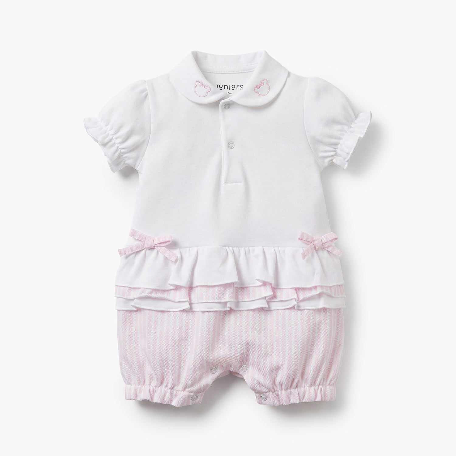 Juniors Peter Pan Collar Short Sleeves Romper with Stripes - Pink / 12-18 mths