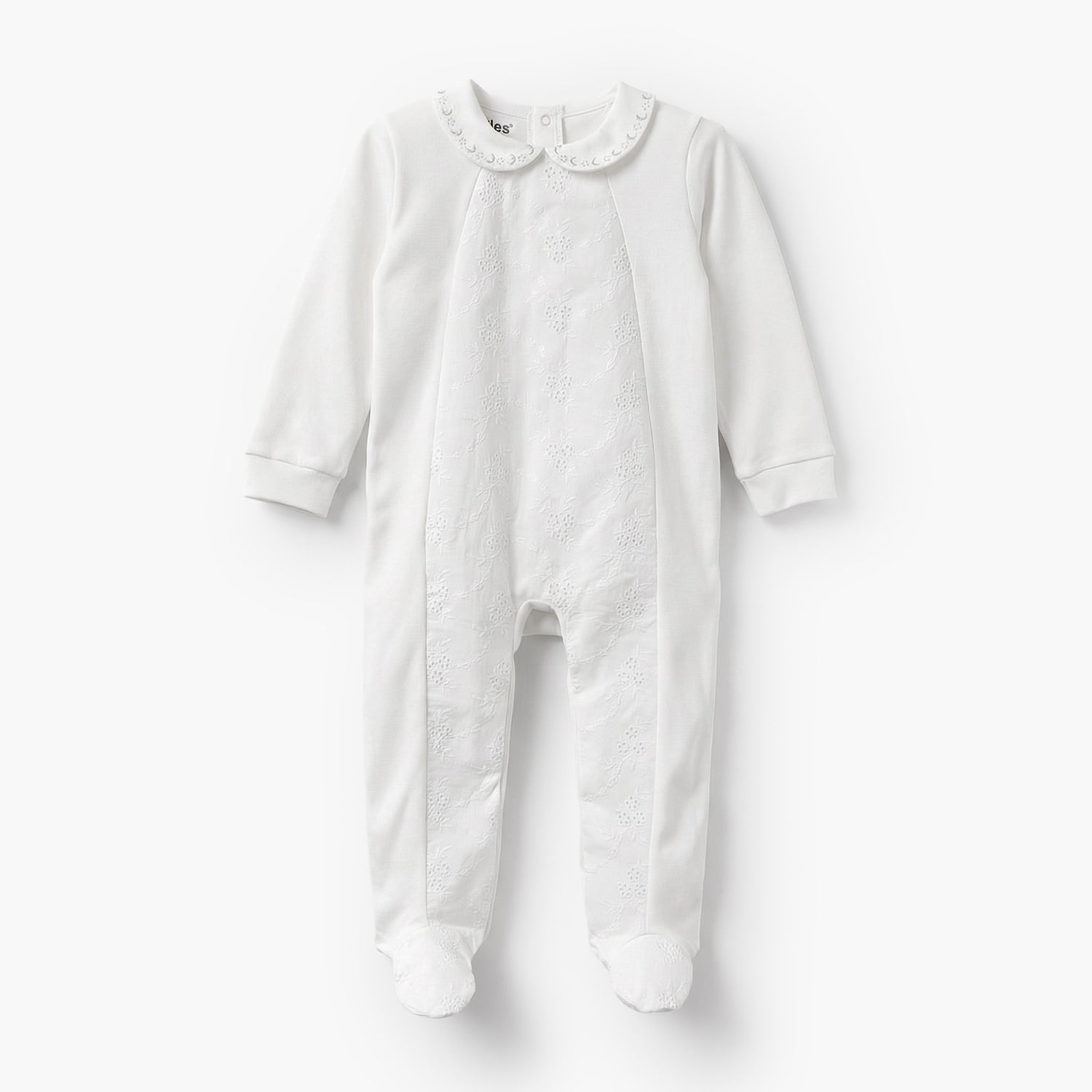 Giggles Cotton Peter Pan Collar Long Sleeves Sleepsuit with Embroidered Detail - White / 9-12 mths