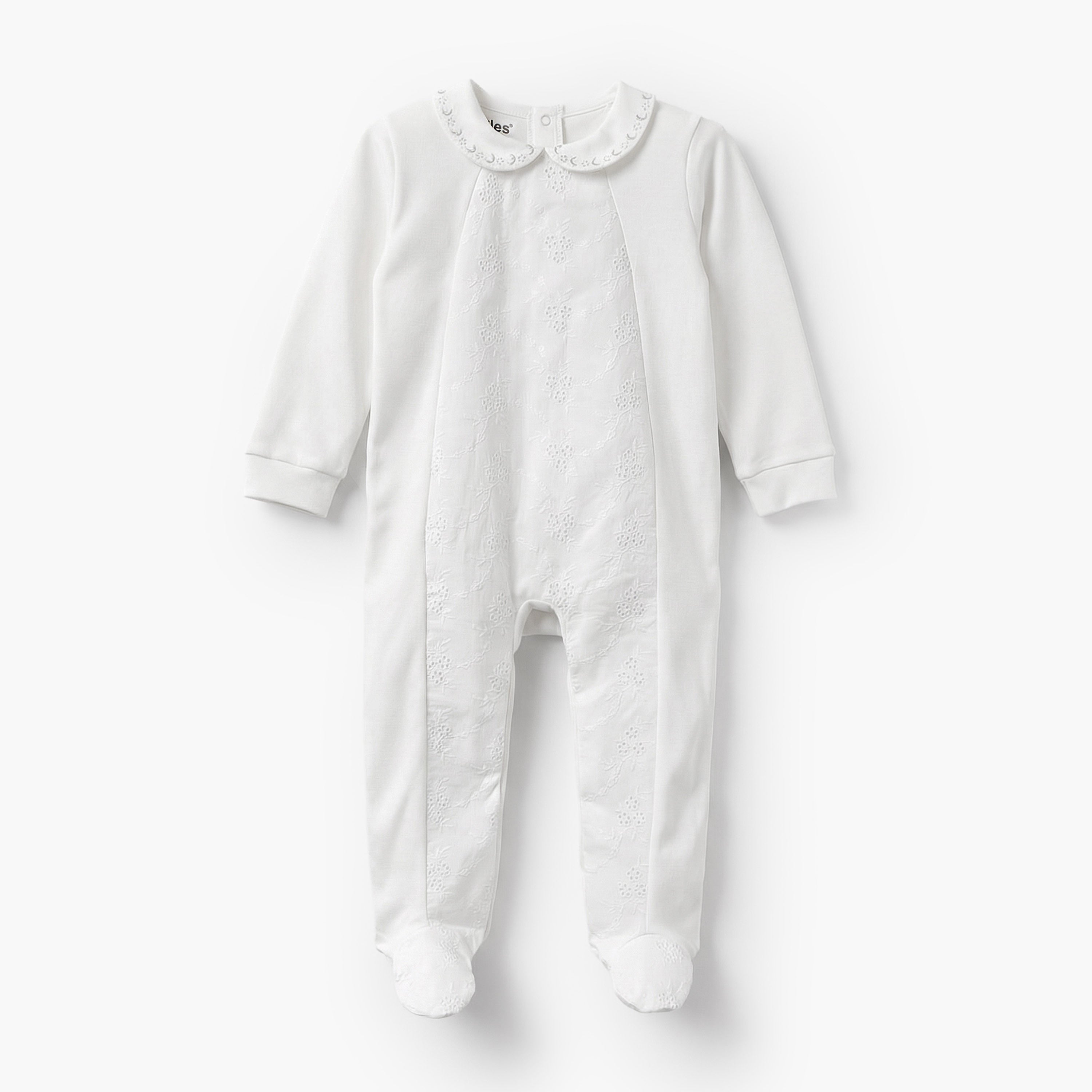 Giggles Cotton Peter Pan Collar Long Sleeves Sleepsuit with Embroidered Detail - White / 9-12 mths
