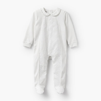 Giggles Cotton Peter Pan Collar Long Sleeves Sleepsuit with Embroidered Detail - White / 9-12 mths