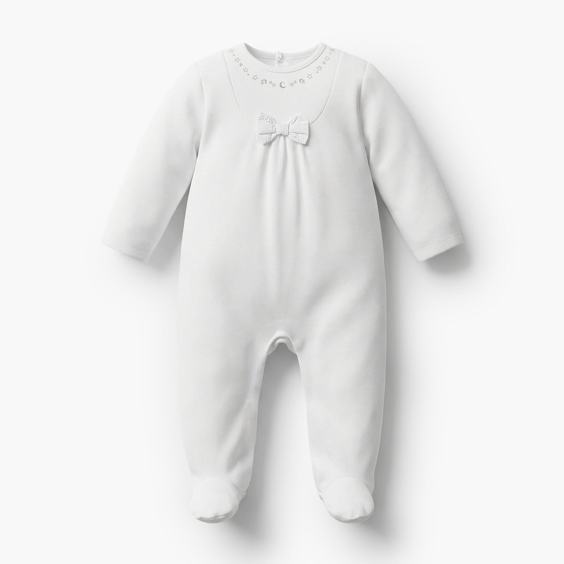 Giggles Cotton Round Neck Long Sleeves Sleepsuit with Moon and Star Embroidery
