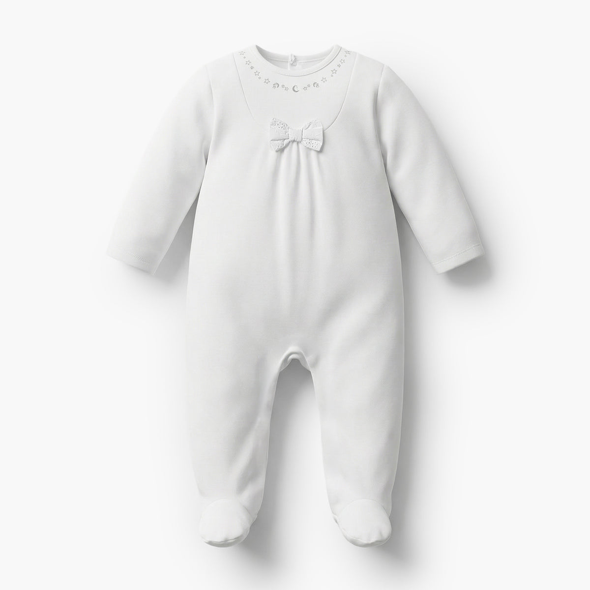 Giggles Cotton Round Neck Long Sleeves Sleepsuit with Moon and Star Embroidery