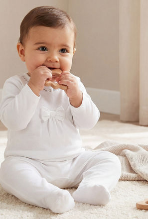 Giggles Cotton Round Neck Long Sleeves Sleepsuit with Moon and Star Embroidery
