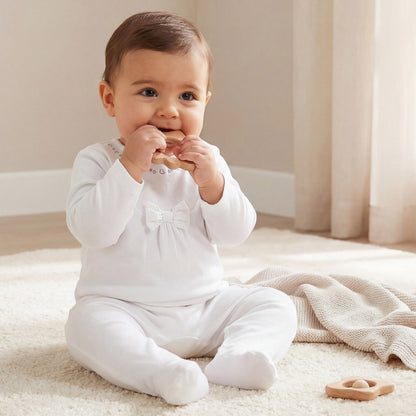 Giggles Cotton Round Neck Long Sleeves Sleepsuit with Moon and Star Embroidery - White / 9-12 mths