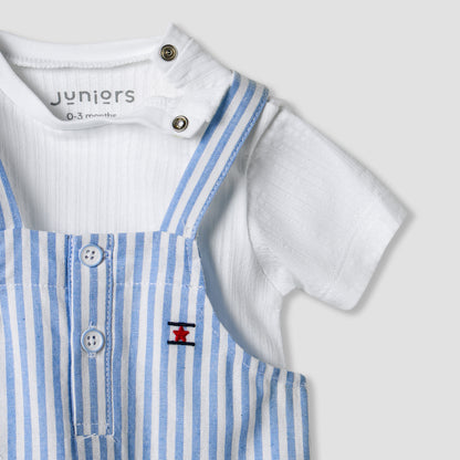 Juniors Solid T-shirt and Striped Dungaree Set