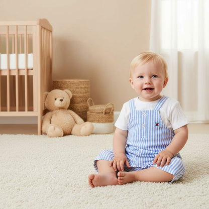 Juniors Solid T-shirt and Striped Dungaree Set