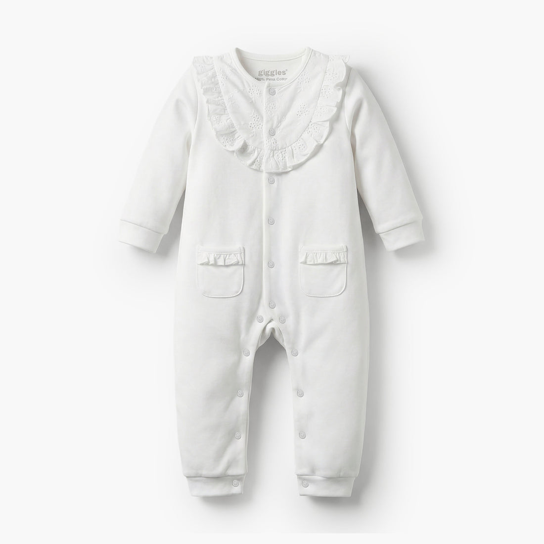 Giggles Cotton Round Neck Long Sleeves Sleepsuit with Schiffli Embroidery