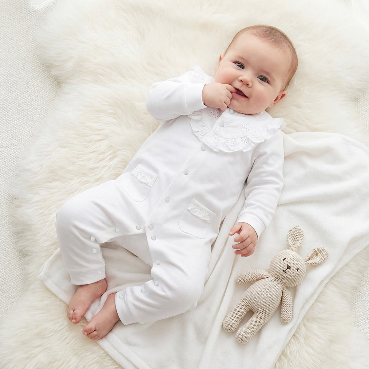 Giggles Cotton Round Neck Long Sleeves Sleepsuit with Schiffli Embroidery - White / 12-18 mths