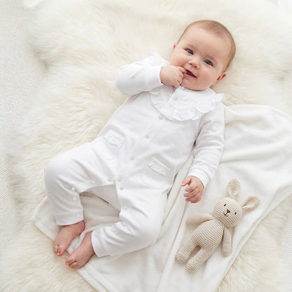 Giggles Cotton Round Neck Long Sleeves Sleepsuit with Schiffli Embroidery - White / 12-18 mths