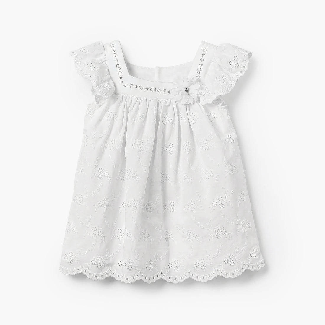 Giggles Square Neck Short Sleeves A-line Dress with Schiffli Embroidery