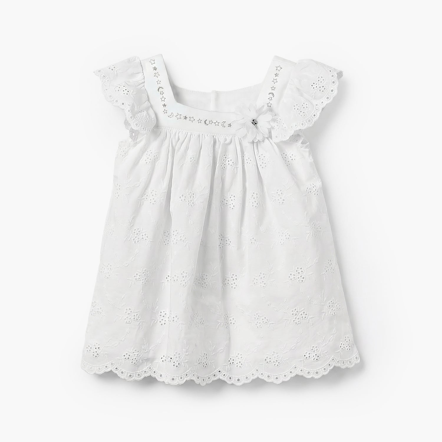 Giggles Square Neck Short Sleeves A-line Dress with Schiffli Embroidery - White / 12-18 mths