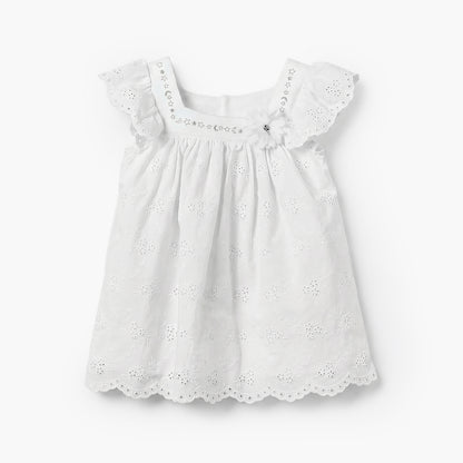 Giggles Square Neck Short Sleeves A-line Dress with Schiffli Embroidery - White / 12-18 mths