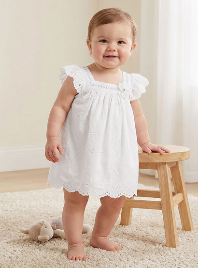 Giggles Square Neck Short Sleeves A-line Dress with Schiffli Embroidery-baby-girls-clothing-dressesandjumpsuits-image-1