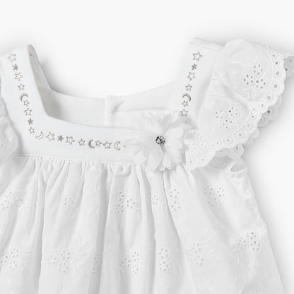 Giggles Square Neck Short Sleeves A-line Dress with Schiffli Embroidery