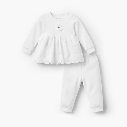 Giggles Cotton Round Neck Long Sleeves Pyjama Set with Embroidered Design - White / 12-18 mths